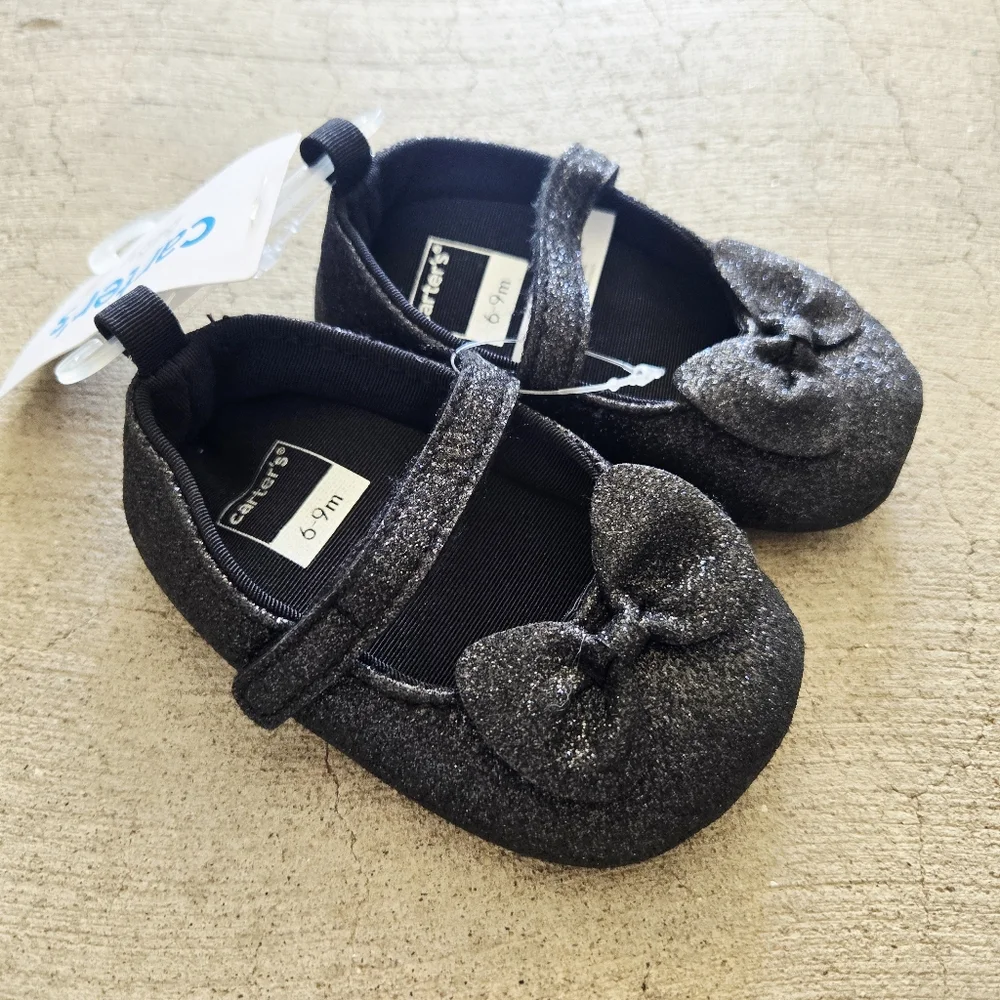 CARTER'S Infant Glittery Black Buckled Mary Janes with Bow 6-9 Months NWT